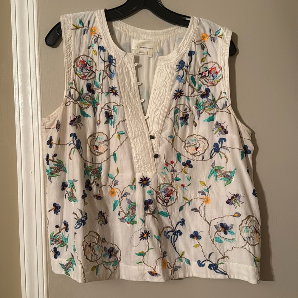 Anthropologie Embroidered sleeveless blouse